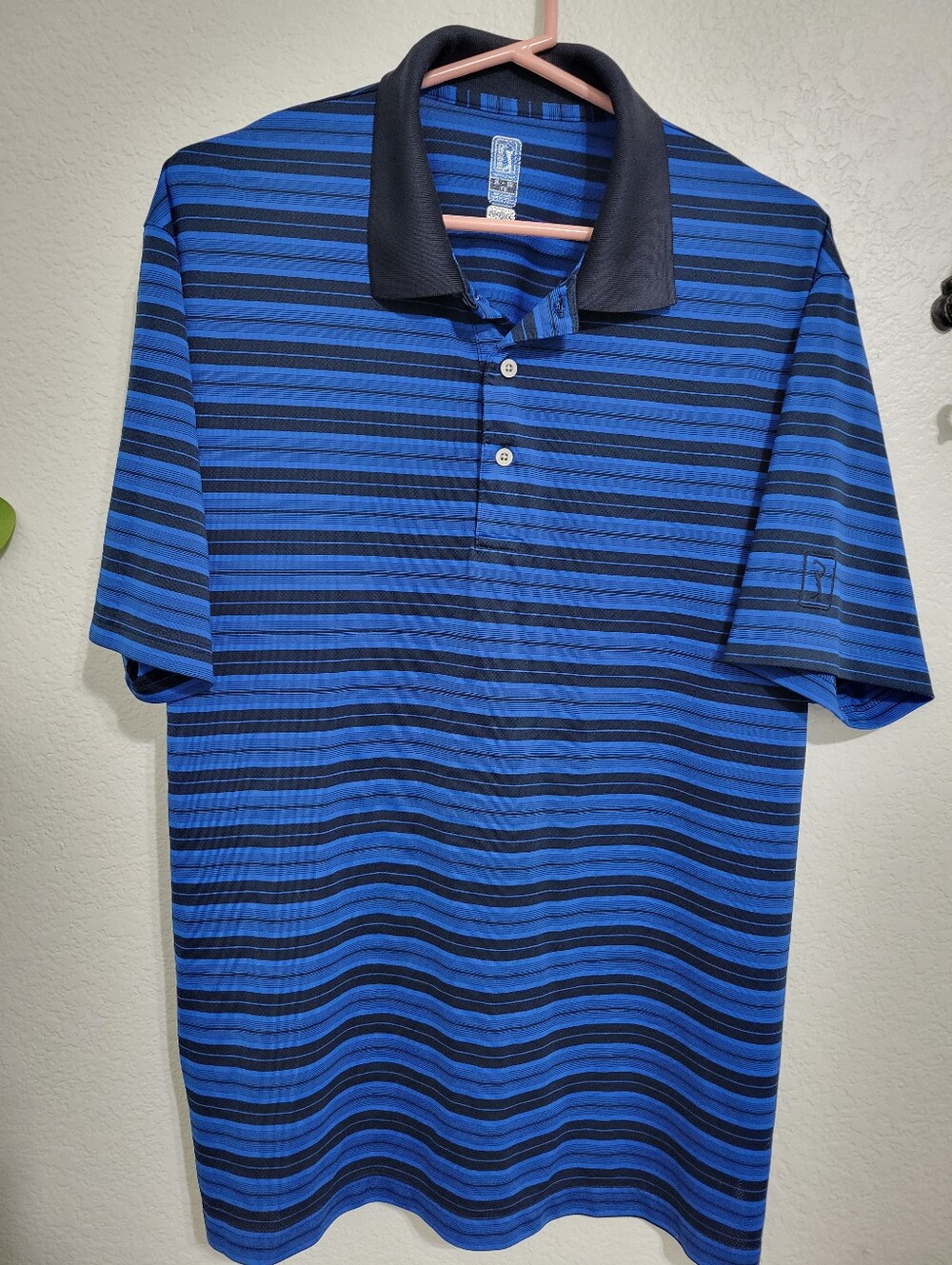 PGA TOUR Blue and Black Striped Polo Golf Shirt